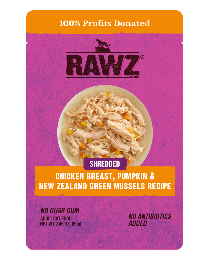 Rawz Cat Shredded Pouches Chicken Breast, Pumpkin & Green Lipped Mussels